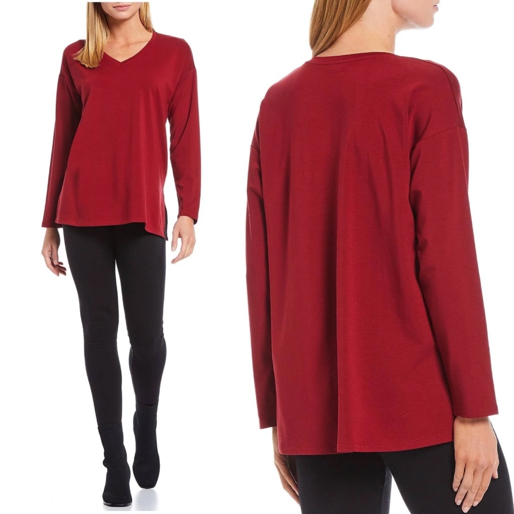 NWT Eileen Fisher V-Neck Long Sleeve Boxy Tee Basic Top Sz XXS
